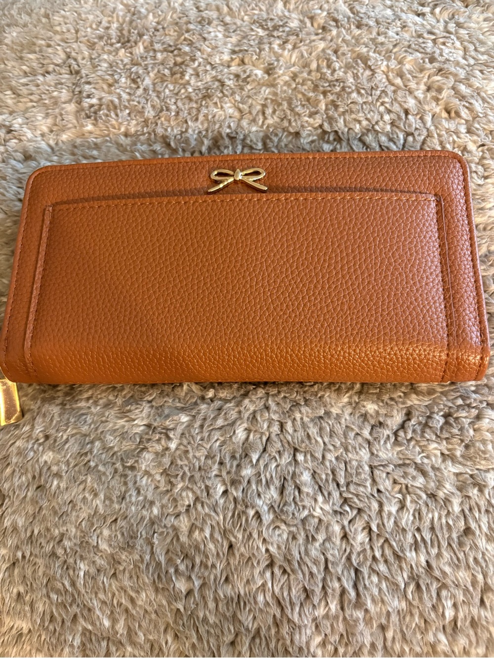 Women's Tan Leather Zip Wallet with Gold Bow Accent